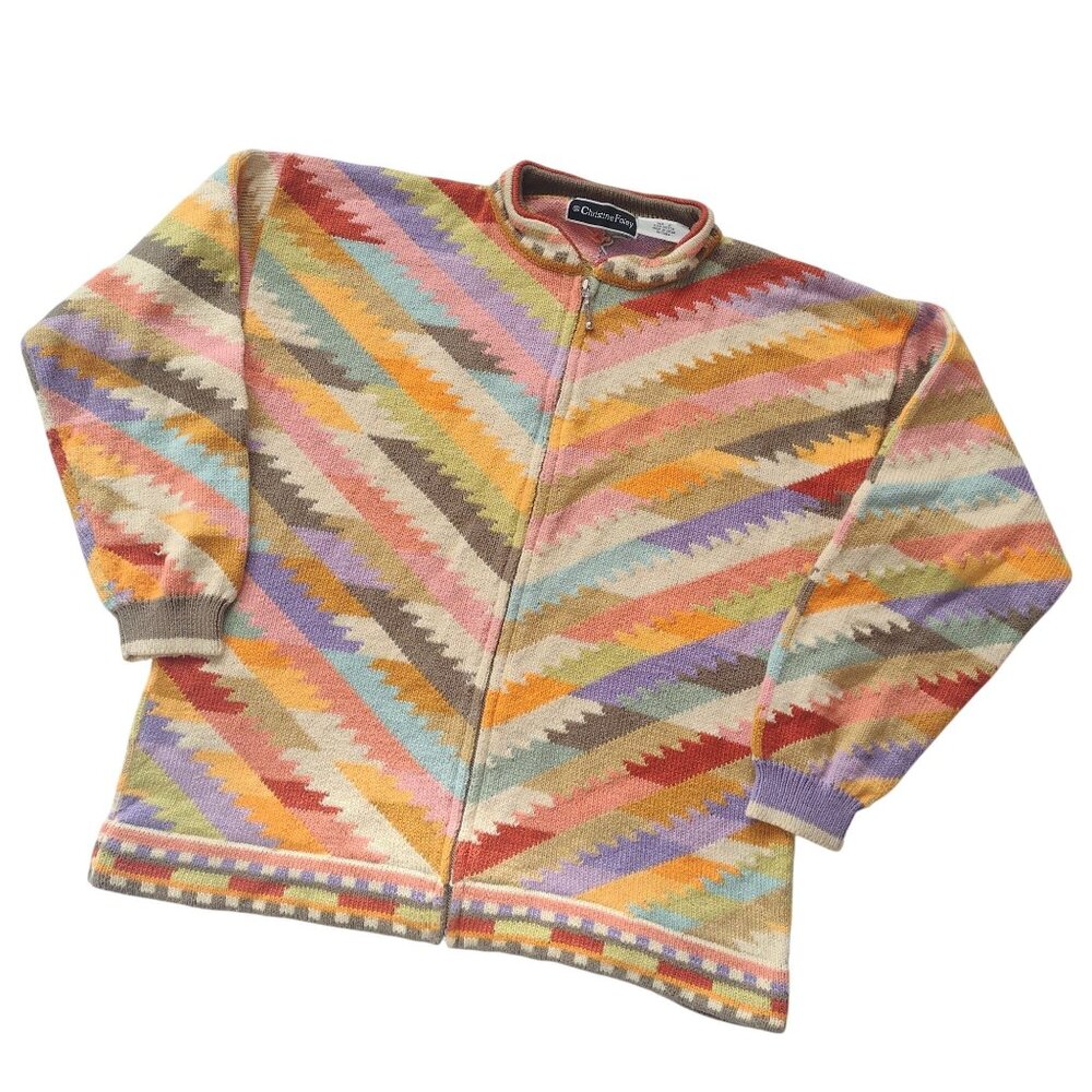 Christine Foley Southwest Stripe Cardigan L XL Vintage Heavy Cotton Sweater